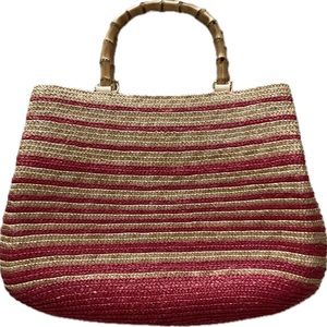 Red And Tan Straw Purse With Bamboo Handles